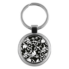 Black And White Floral Patterns Key Chains (round)  by Nexatart