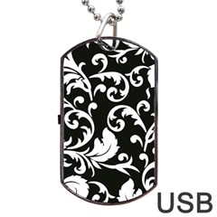 Black And White Floral Patterns Dog Tag Usb Flash (one Side) by Nexatart