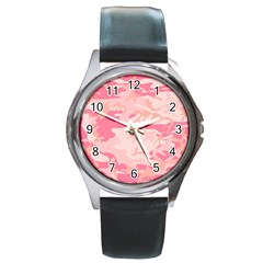 Pink Camo Print Round Metal Watch by Nexatart