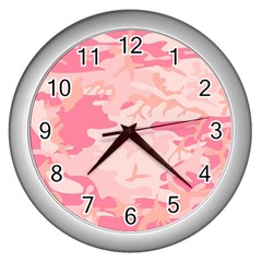 Pink Camo Print Wall Clocks (silver)  by Nexatart