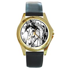 Framed Horse Round Gold Metal Watch by Nexatart