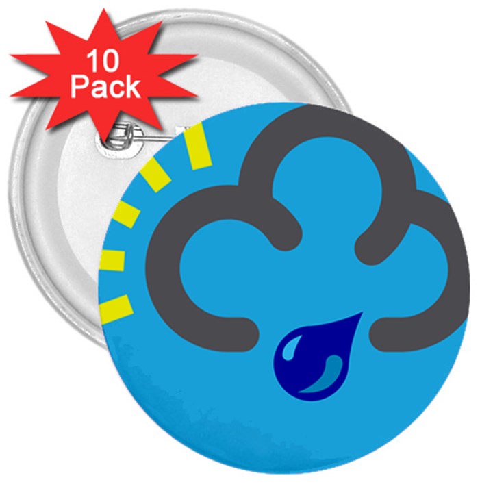 Light Rain Shower Cloud Sun Yellow Blue Sky 3  Buttons (10 pack) 