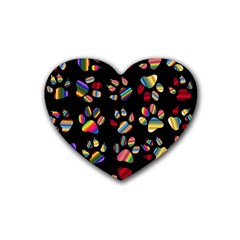 Colorful Paw Prints Pattern Background Reinvigorated Rubber Coaster (heart)  by Nexatart