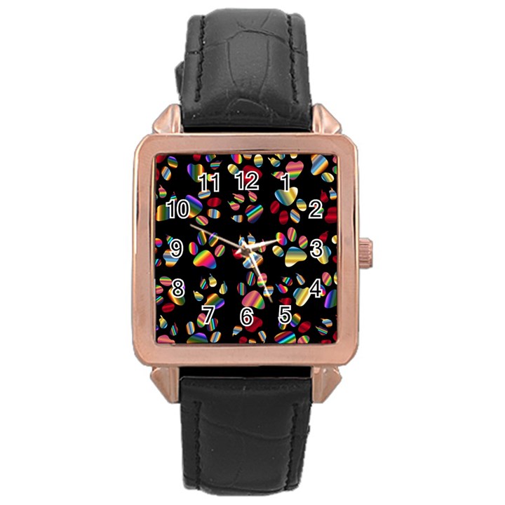 Colorful Paw Prints Pattern Background Reinvigorated Rose Gold Leather Watch 