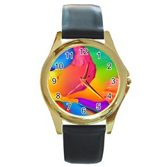 Paint Rainbow Color Blue Red Green Blue Purple Round Gold Metal Watch by Mariart