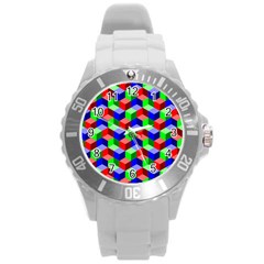 Seamless Rgb Isometric Cubes Pattern Round Plastic Sport Watch (l) by Nexatart