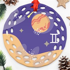 Planet Galaxy Space Star Polka Meteor Moon Blue Sky Circle Ornament (Round Filigree)