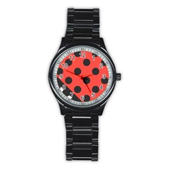 Red Black Hole White Line Wave Chevron Polka Circle Stainless Steel Round Watch