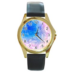 Horoscope Compatibility Love Romance Star Signs Zodiac Round Gold Metal Watch by Mariart