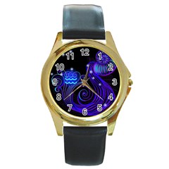 Sign Aquarius Zodiac Round Gold Metal Watch by Mariart