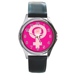 Women Safety Feminist Nail Strong Pink Circle Polka Round Metal Watch by Mariart