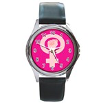 Women Safety Feminist Nail Strong Pink Circle Polka Round Metal Watch Front