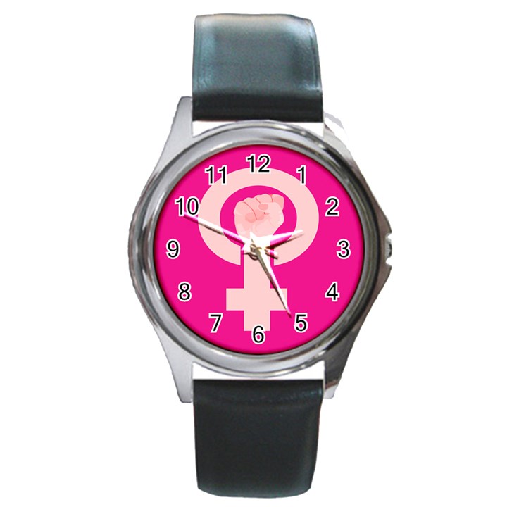 Women Safety Feminist Nail Strong Pink Circle Polka Round Metal Watch