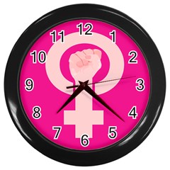 Women Safety Feminist Nail Strong Pink Circle Polka Wall Clocks (black) by Mariart