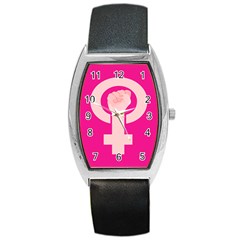 Women Safety Feminist Nail Strong Pink Circle Polka Barrel Style Metal Watch by Mariart