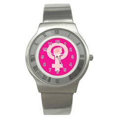 Women Safety Feminist Nail Strong Pink Circle Polka Stainless Steel Watch by Mariart