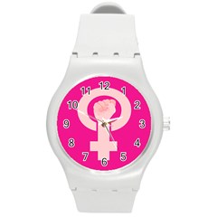 Women Safety Feminist Nail Strong Pink Circle Polka Round Plastic Sport Watch (m) by Mariart