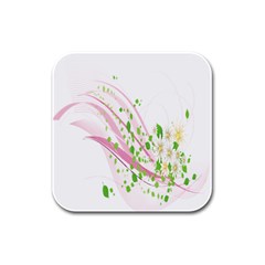 Sunflower Flower Floral Leaf Line Wave Chevron Pink Rubber Square Coaster (4 Pack) 