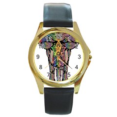 Prismatic Floral Pattern Elephant Round Gold Metal Watch by Nexatart