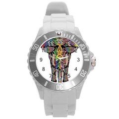 Prismatic Floral Pattern Elephant Round Plastic Sport Watch (l) by Nexatart