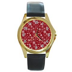 Merry Christmas Pattern Round Gold Metal Watch by Nexatart