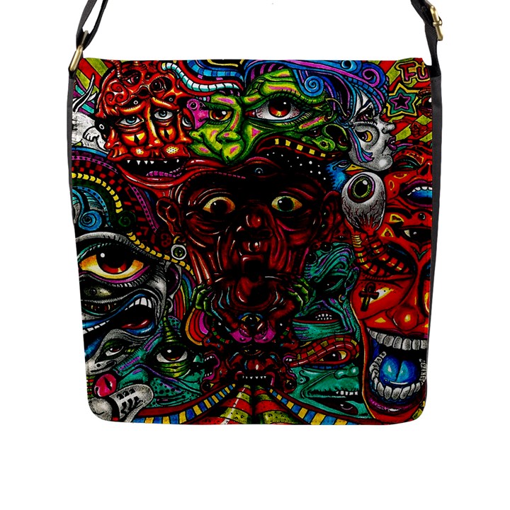 Abstract Psychedelic Face Nightmare Eyes Font Horror Fantasy Artwork Flap Messenger Bag (L) 