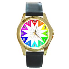 Rainbow Dodecagon And Black Dodecagram Round Gold Metal Watch by Nexatart