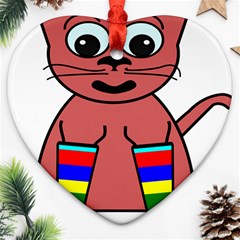 Cartoon Cat In Rainbow Socks Heart Ornament (two Sides) by Nexatart