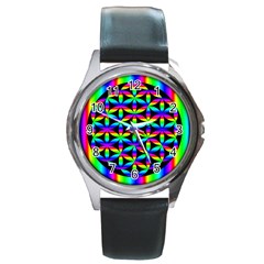 Rainbow Flower Of Life In Black Circle Round Metal Watch by Nexatart