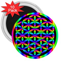 Rainbow Flower Of Life In Black Circle 3  Magnets (10 Pack)  by Nexatart