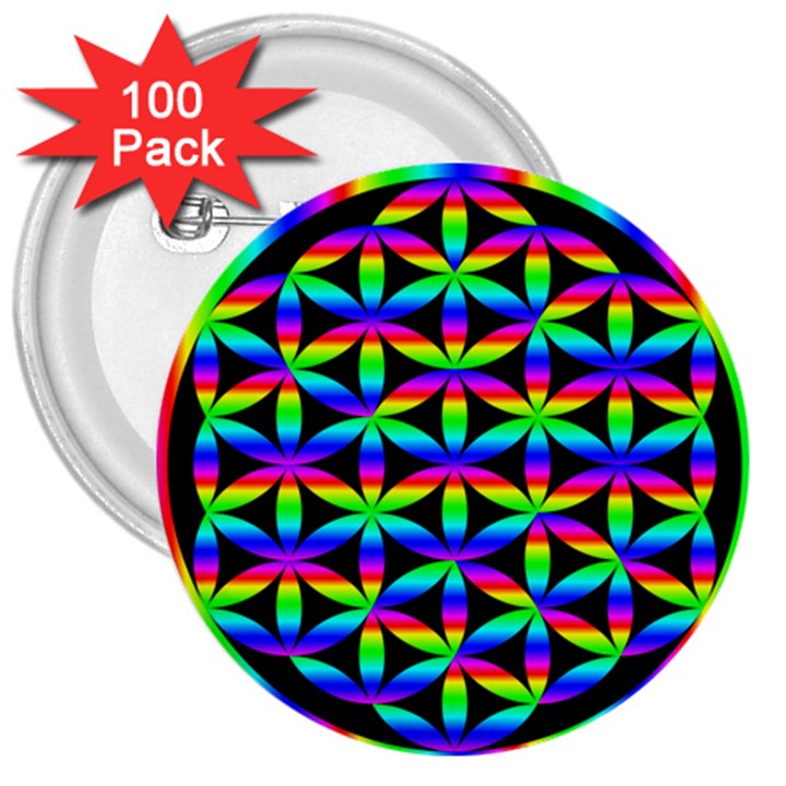 Rainbow Flower Of Life In Black Circle 3  Buttons (100 pack) 