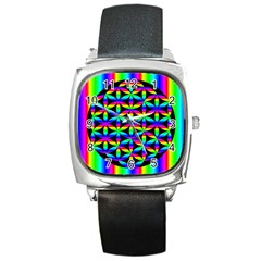 Rainbow Flower Of Life In Black Circle Square Metal Watch by Nexatart