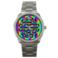 Rainbow Flower Of Life In Black Circle Sport Metal Watch by Nexatart