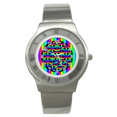 Rainbow Flower Of Life In Black Circle Stainless Steel Watch by Nexatart