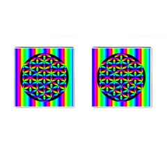 Rainbow Flower Of Life In Black Circle Cufflinks (square) by Nexatart