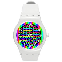 Rainbow Flower Of Life In Black Circle Round Plastic Sport Watch (m) by Nexatart