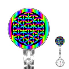 Rainbow Flower Of Life In Black Circle Stainless Steel Nurses Watch by Nexatart