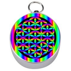 Rainbow Flower Of Life In Black Circle Silver Compasses by Nexatart