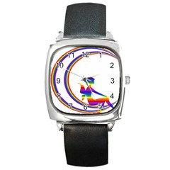 Rainbow Fairy Relaxing On The Rainbow Crescent Moon Square Metal Watch by Nexatart