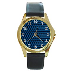 Blue Dark Navy Cobalt Royal Tardis Honeycomb Hexagon Round Gold Metal Watch