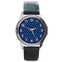 Blue White Anchor Round Metal Watch