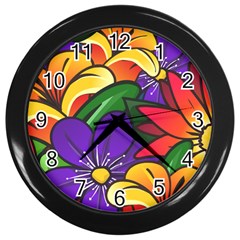 Bright Flowers Floral Sunflower Purple Orange Greeb Red Star Wall Clocks (black) by Mariart