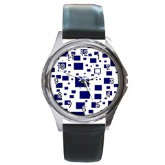 Illustrated Blue Squares Round Metal Watch by Mariart