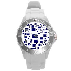 Illustrated Blue Squares Round Plastic Sport Watch (l)