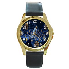 Fractal Balls Flying Ultra Space Circle Round Line Light Blue Sky Gold Round Gold Metal Watch