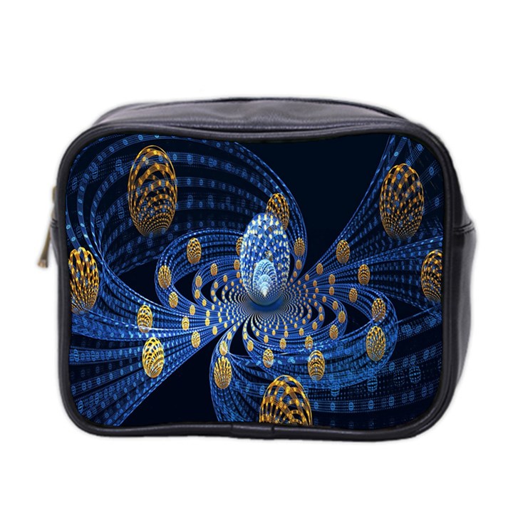 Fractal Balls Flying Ultra Space Circle Round Line Light Blue Sky Gold Mini Toiletries Bag 2-Side