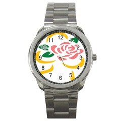 Pink Rose Ribbon Bouquet Green Yellow Flower Floral Sport Metal Watch by Mariart