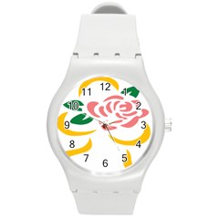 Pink Rose Ribbon Bouquet Green Yellow Flower Floral Round Plastic Sport Watch (m) by Mariart