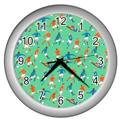 Players Football Playing Sports Dribbling Kicking Goalkeepers Wall Clocks (silver)  by Mariart