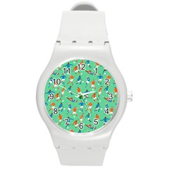 Players Football Playing Sports Dribbling Kicking Goalkeepers Round Plastic Sport Watch (m) by Mariart